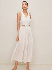 Button Halter Vest With Pleated Long Skirt Set