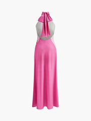 Satin Floral Halter Backless Dress