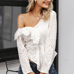 White and Pink Cotton Lace Blouse for Women