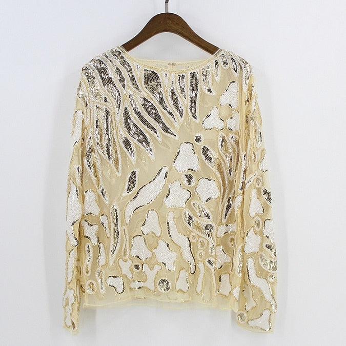 Women's Silver Leopard Sequined Blouse