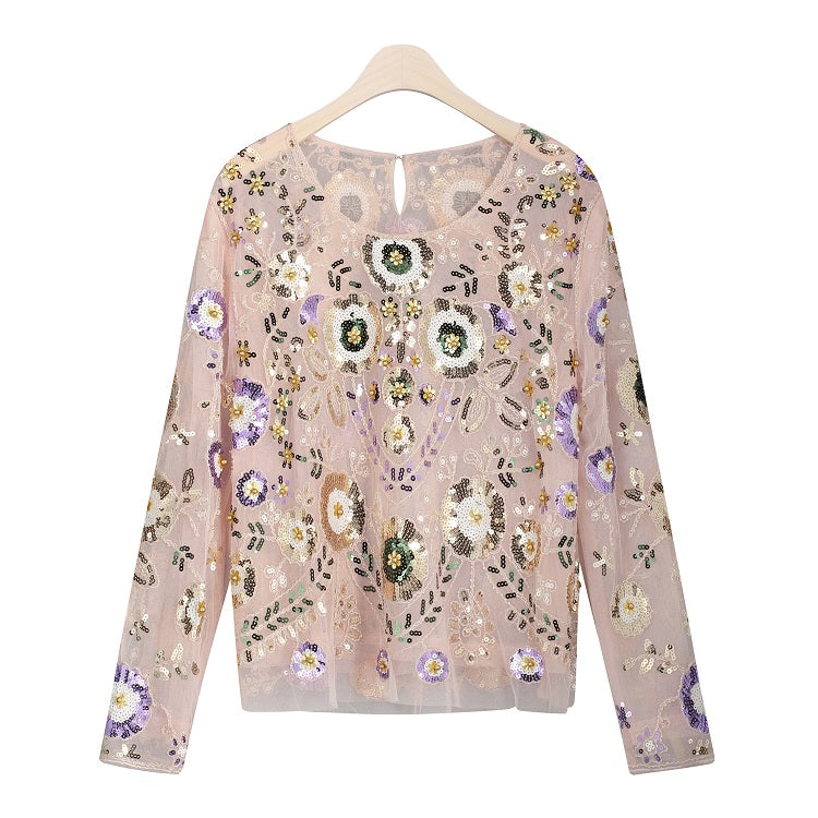 Women's Sequined Floral Pattern Blouse