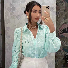 Lace Women's Blouse In White and Mint