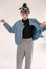 Blue Leather Bomber Jacket