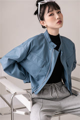 Blue Leather Bomber Jacket