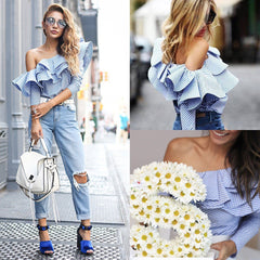 Women's Blue-White striped One Shoulder Blouse