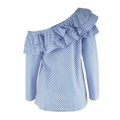 Women's Blue-White striped One Shoulder Blouse