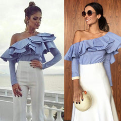 Women's Blue-White striped One Shoulder Blouse