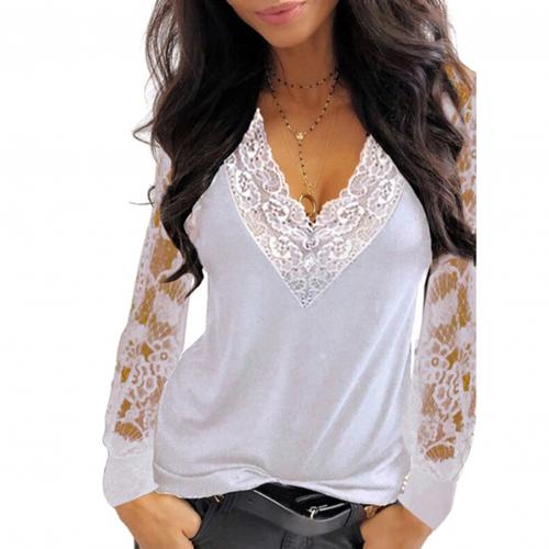 Women's Lace Deep V Neck Long Sleeved Shirt