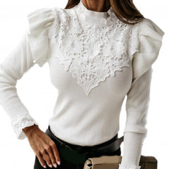 Women's Long Sleeved Ruffled Lace Patchwork Blouse