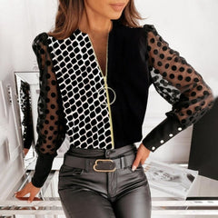Women's Long Sleeved V-Neck Zipper Patchwork Top
