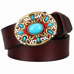 Women's Genuine Leather Belt with Mosaic Turquoise Buckle
