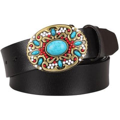 Women's Genuine Leather Belt with Mosaic Turquoise Buckle