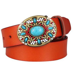 Women's Genuine Leather Belt with Mosaic Turquoise Buckle