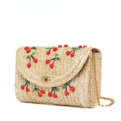 Women's Cherry Embroidered Straw Shoulder Bag
