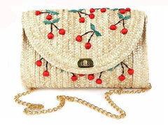Women's Cherry Embroidered Straw Shoulder Bag
