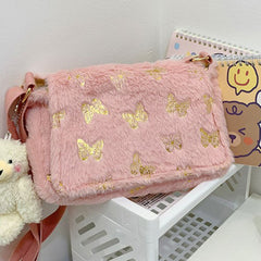 Women's Plush Handbag with Butterfly Print