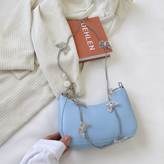 Women's Pure Color Mini Shoulder Bag with Butterfly Chain