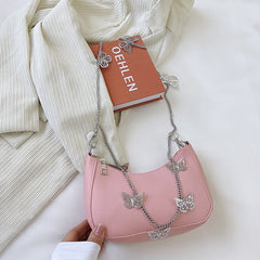Women's Pure Color Mini Shoulder Bag with Butterfly Chain