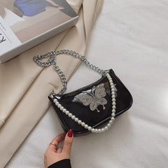 Women's Butterfly Mini Hobo Bag with Metal / Pearl Mini Strap