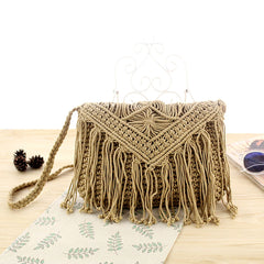 Women's Fringe Datail Woven Rattan Handbag