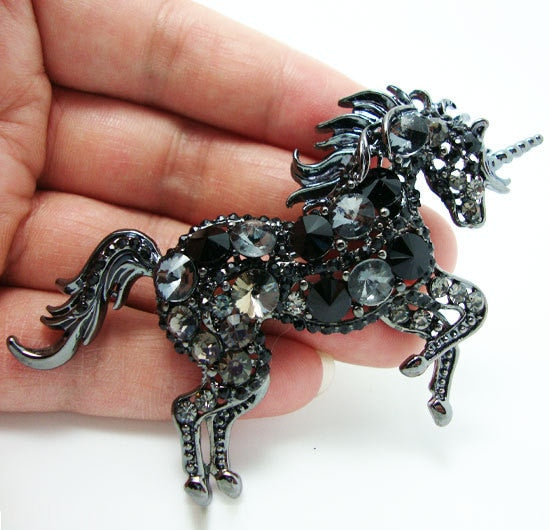 Women's Black Crystal Unicorn Brooch