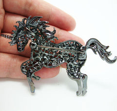 Women's Black Crystal Unicorn Brooch