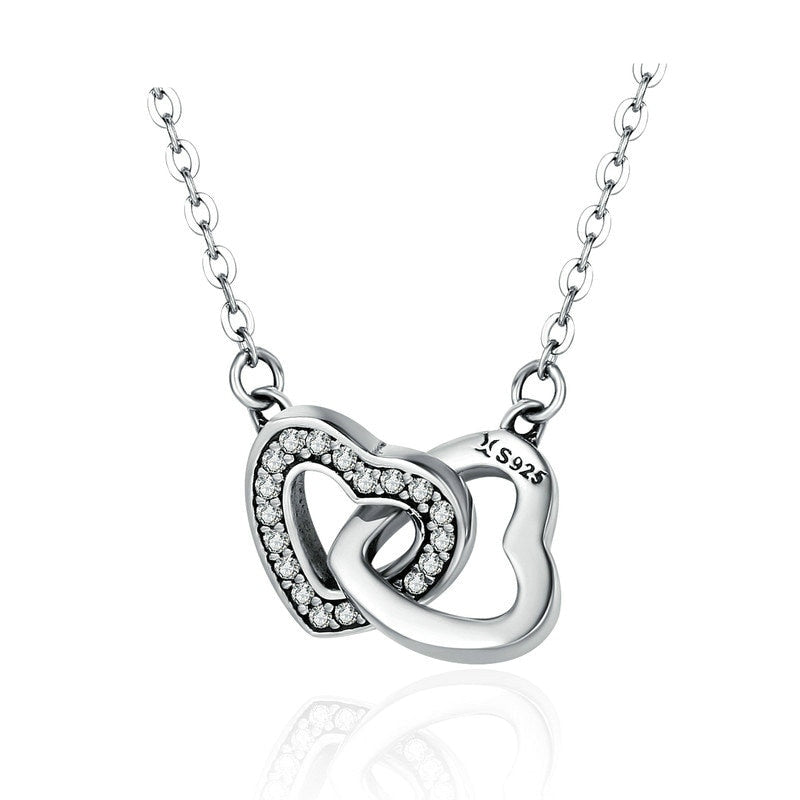 Silver Pendant Necklace with Couple Hearts