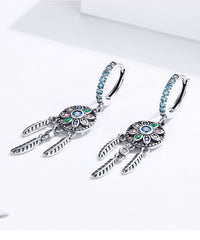 Women's Sterling Silver Bohemian Dream Catcher Shaped Drop Earrings