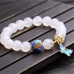 White Agate Beaded Bracelet with Butterfly Pendant