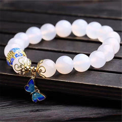 White Agate Beaded Bracelet with Butterfly Pendant