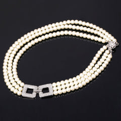 Multi Layer Pearl Necklace with Rhinestone Buckle