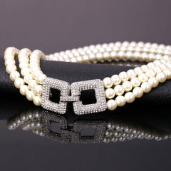 Multi Layer Pearl Necklace with Rhinestone Buckle