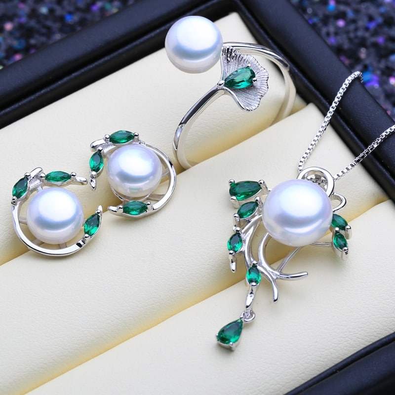 Green Stones 925 Silver Pearls Women's Jewelry 4 pcs Set