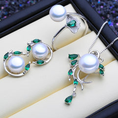 Green Stones 925 Silver Pearls Women's Jewelry 4 pcs Set