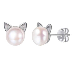 Cute Cat Design Natural Pearl Women's Stud Earrings