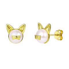 Cute Cat Design Natural Pearl Women's Stud Earrings