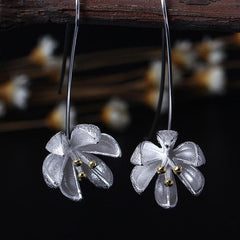 Ethnic Long Flower Shaped Silver Drop Earrings