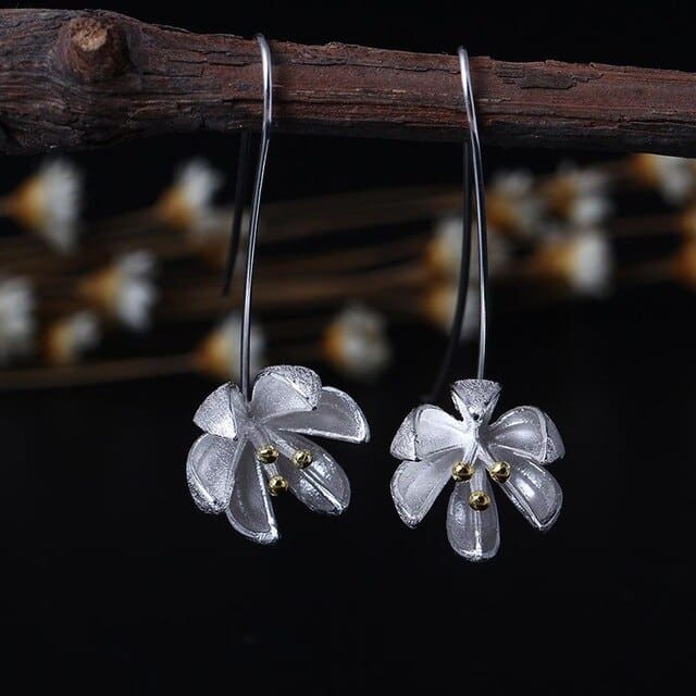 Ethnic Long Flower Shaped Silver Drop Earrings