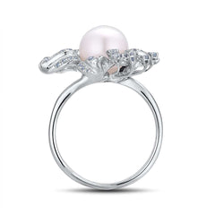 Genuine 14K 585 White Gold Elegant Fresh Water Pearl Ring for Women