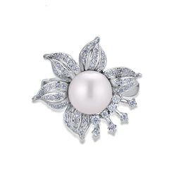 Genuine 14K 585 White Gold Elegant Fresh Water Pearl Ring for Women
