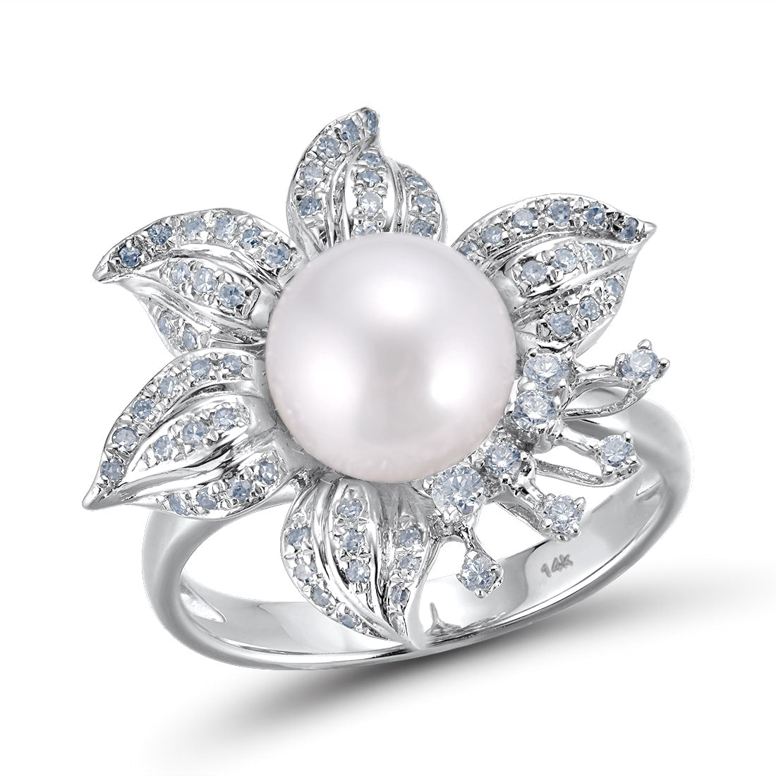 Genuine 14K 585 White Gold Elegant Fresh Water Pearl Ring for Women