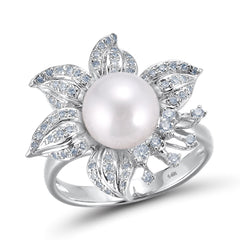 Genuine 14K 585 White Gold Elegant Fresh Water Pearl Ring for Women