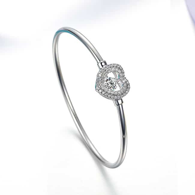 Zircon Heart Shaped Silver Bangle for Women