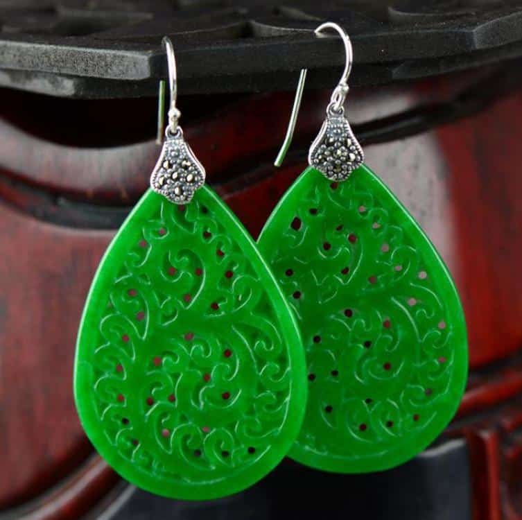 Green Jade Carved Drop Earrings