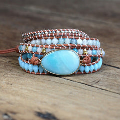 Amazonite Stone 5 Strand Leather Wrap Bracelet