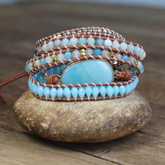 Amazonite Stone 5 Strand Leather Wrap Bracelet
