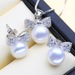 Cute 925 Silver Pearls Necklace and Earrings Women's Jewelry 3 pcs Set