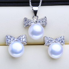 Cute 925 Silver Pearls Necklace and Earrings Women's Jewelry 3 pcs Set