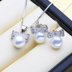 Cute 925 Silver Pearls Necklace and Earrings Women's Jewelry 3 pcs Set