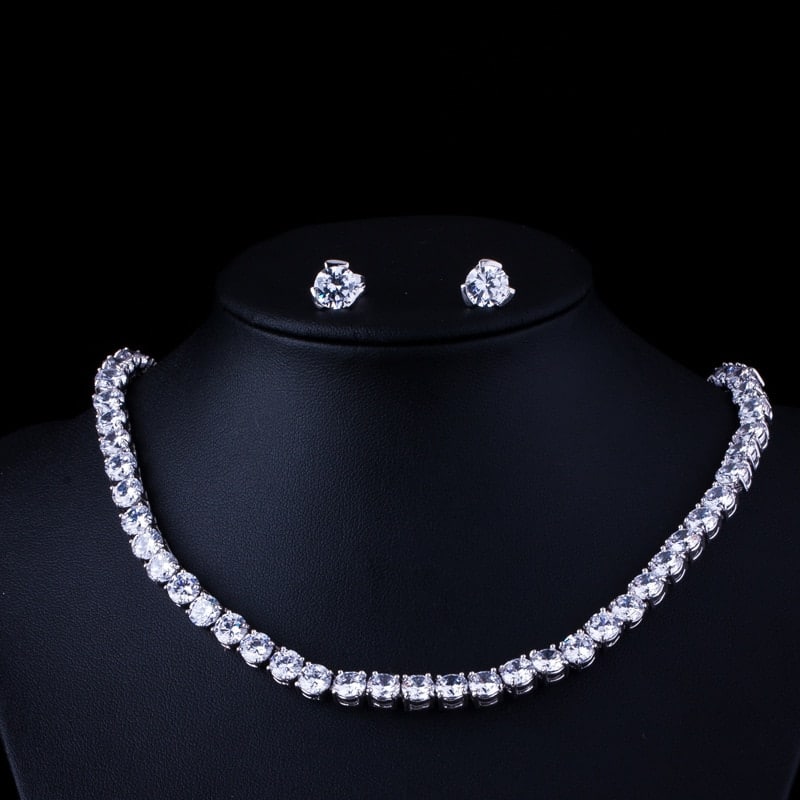 Bridal Party Round Crystal Necklace and Earrings Jewelry Set
